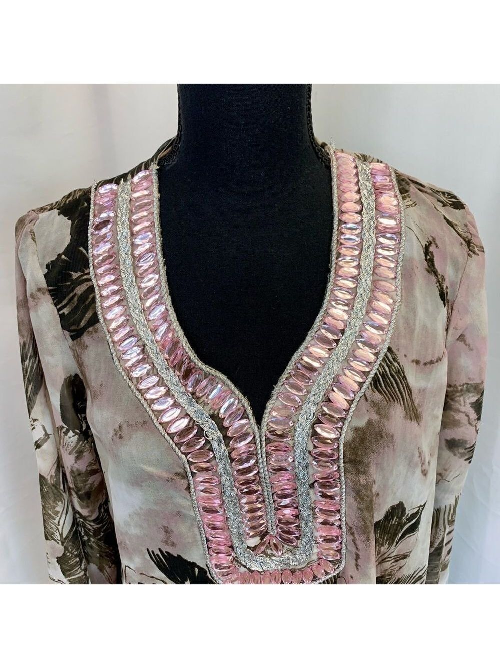PREMISE brown pink sheer chiffon gem jewelled beach coverup blouse top Sz L 🔥 - Picture 6 of 13